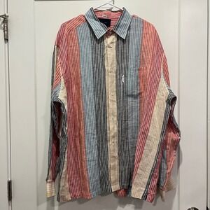 Faconnable Mens XXL Striped Linen Button Down Shirt Long Sleeve Multi Color